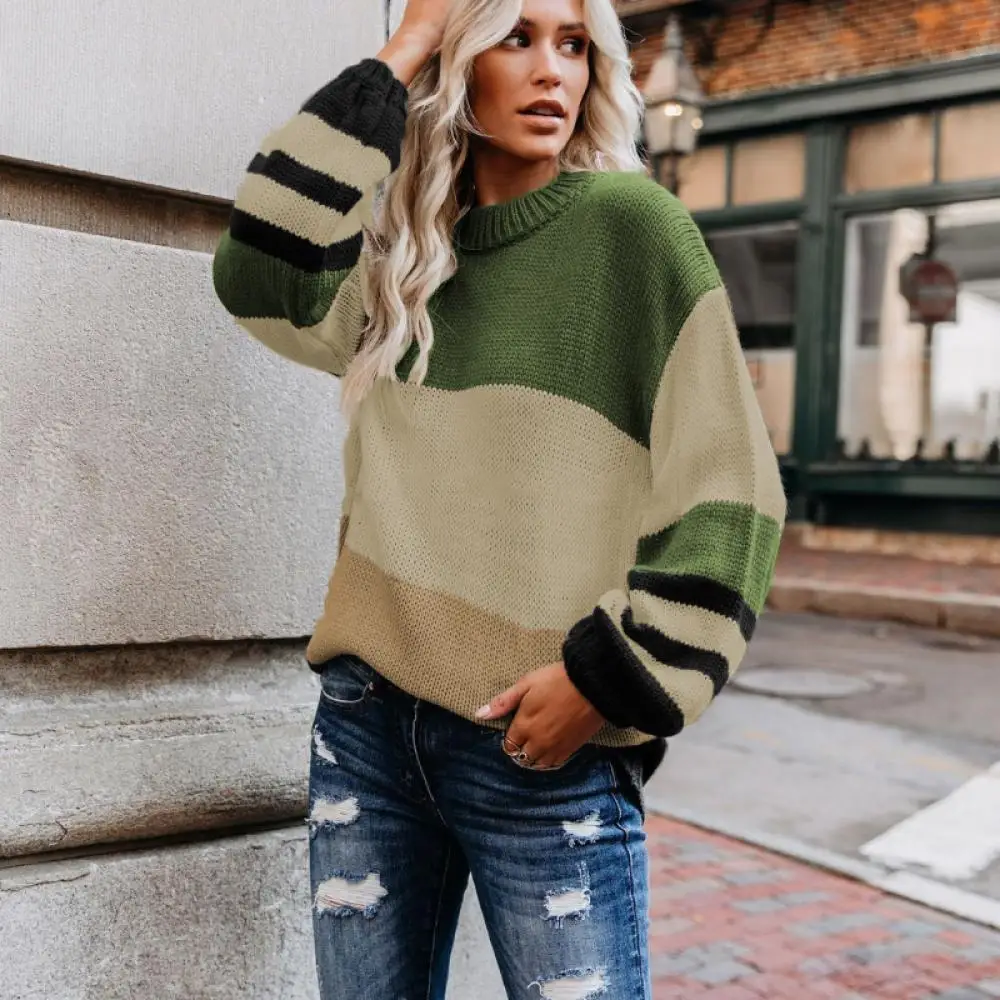 Women Winter Sweater Pullover 2021Round Neck Long Sleeve Black Sweater Jumper Loose Knitted Casual Stripe Knitwear Top Sweather