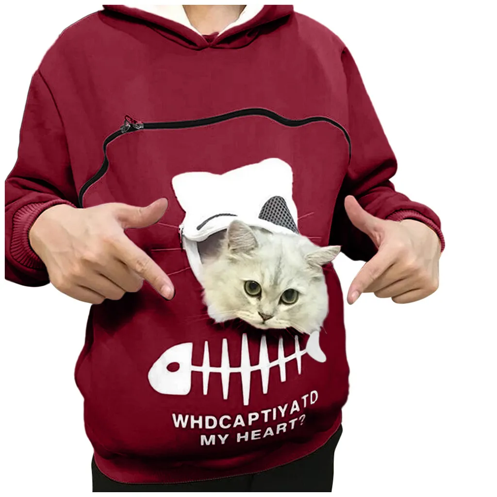 Женская толстовка мешок с нарисованным животным капюшоном топы переноска кошка дышащий пуловер Блузка