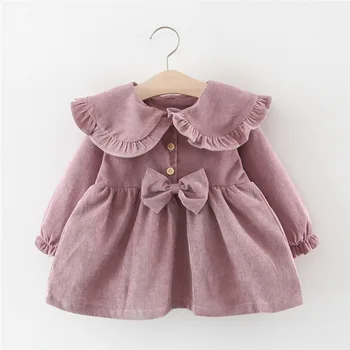 

2020 New Autumn Baby Girls Long Sleeve Lapel Collar Bow Corduroy Kids Dress Infant Dresses Toddler Clothes vestido infantil