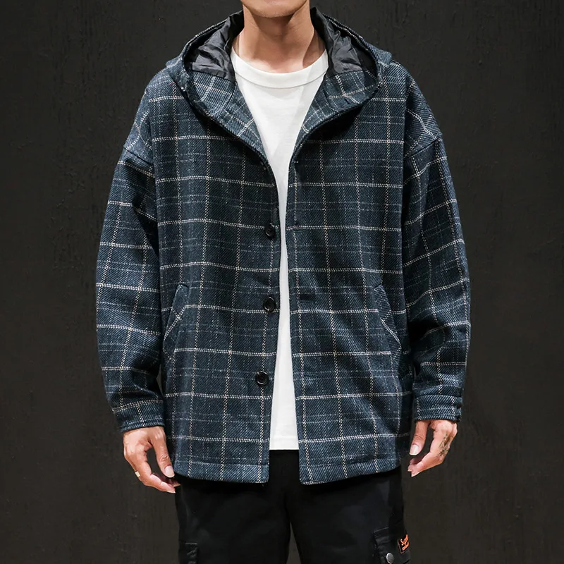 

19/Winter Popular Brand Plaid Coat Woolen Material Hooded Thick Jacket Men's Jk68088/P85 Black Wall