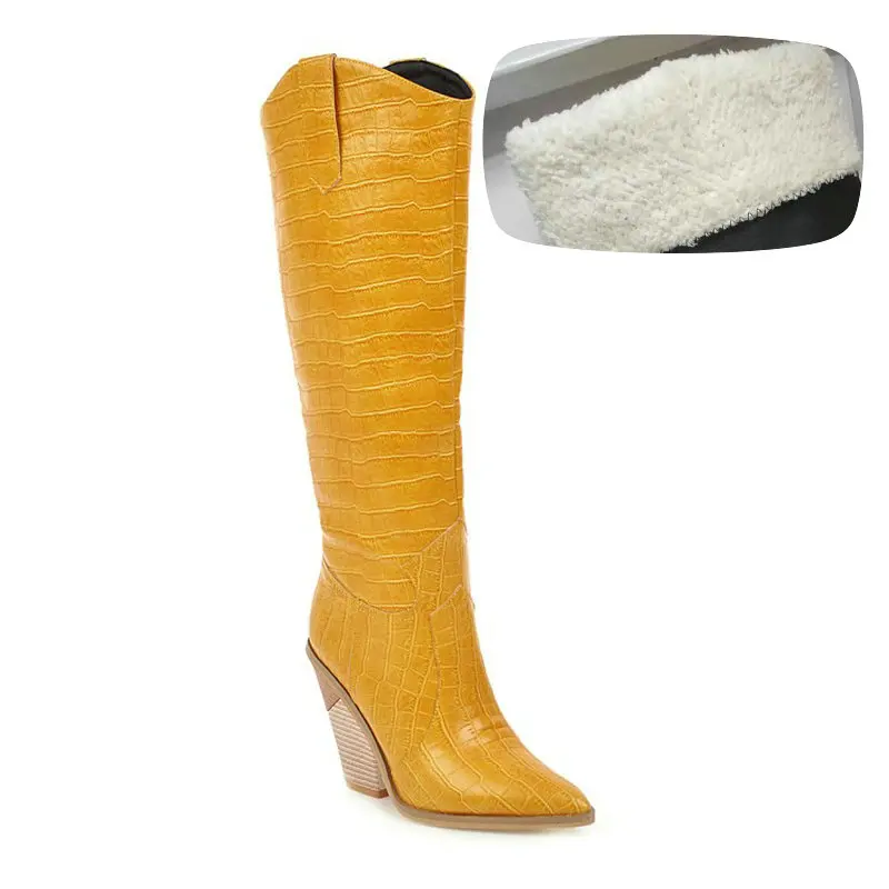 QZYERAI/пикантные женские ковбойские сапоги из искусственной кожи; зимние женские сапоги до колена; обувь для ночного клуба; женская обувь большого размера на не сужающемся книзу массивном каблуке - Цвет: Золотой