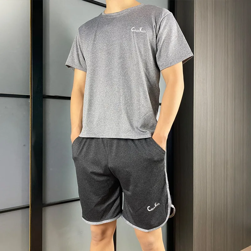 

2 Piece Set Casual Male Tracksuit Clothing Summer Men Set Fitness Suit Sporting Suits Short Sleeve T Shirt + Shorts Quick Drying