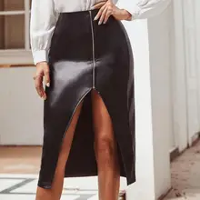 Кожаные женские миди юбки, сексуальная юбка до колен с разрезом на молнии, Уличная Повседневная Офисная Женская юбка-карандаш с высокой талией