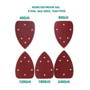 

50pcs Sandpapers Sanding Disc 6 Hole 40/80/120/180/240 Grits Set Kit Red