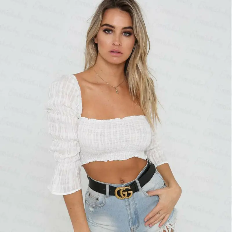 

Fashion Summer White Blouse Women Casual Off Shoulder Blouse Long Sleeve Square Neck Tops Shirt Streetwear