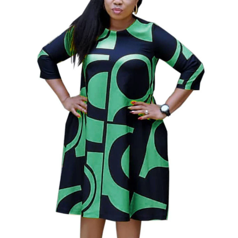 SUNGIFT Дашики женское Африканское платье с цифровым принтом с круглым вырезом трапециевидная Юбка со средним рукавом сзади на молнии сбоку карман африканская одежда