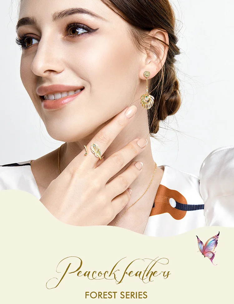 DISINIYA Feather of Peacock Queen Open Finger Rings Luxury 925 Sterling Silver Gold Color Wedding Statement Jewelry JBSR35067