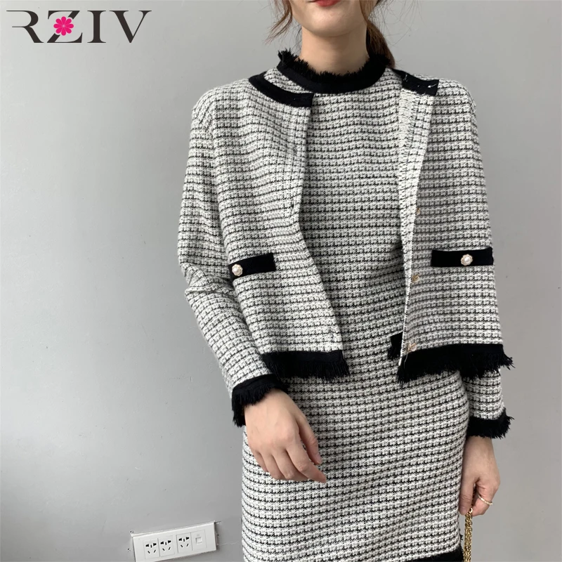 RZIV осенне-зимний женский костюм Повседневный клетчатый вязаный жилет платье+ свитер куртка комплект