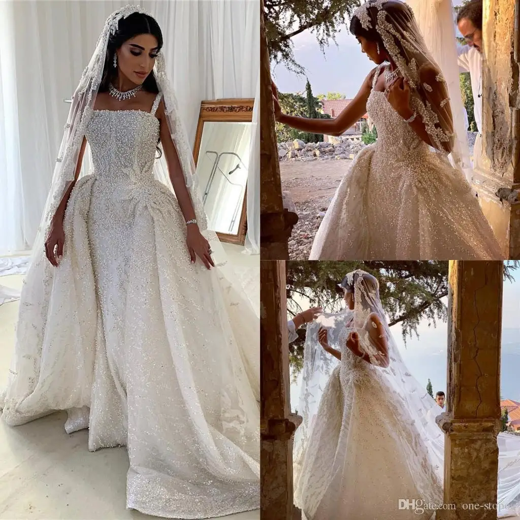 Vestidos de novia de sirena de lujo árabe, vestidos de novia con cola,  brillantes, con perlas finas y cuentas - AliExpress Bodas y eventos