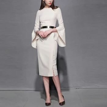 

Elegant New fashion 2020 spring Gold Belt office lady dress women Trumpet sleeve Date out party dress slim female retro dresses
