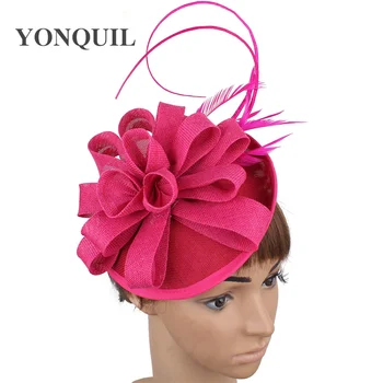 

Hot pink fashion headpiece women party dinner fascinators hat for ladies formal wedding fedora cap fancy feather chapeau caps