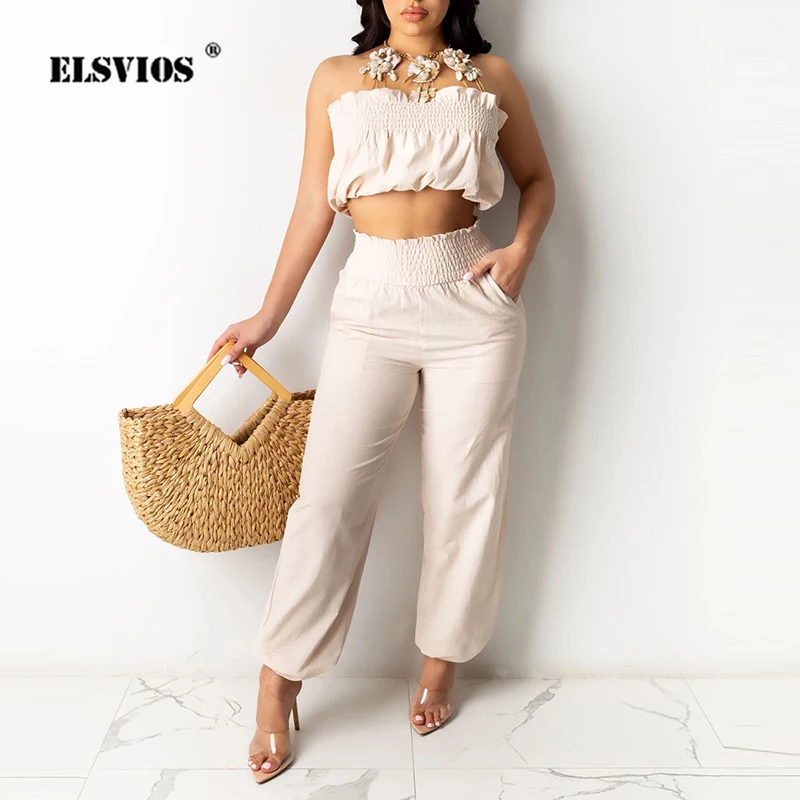 

Костюм женский плиссированный из двух предметов, пикантный топ-труба с широкими штанинами, однотонный топ на шнуровке с лямкой на шее, брюки с эластичным поясом, уличный комплект