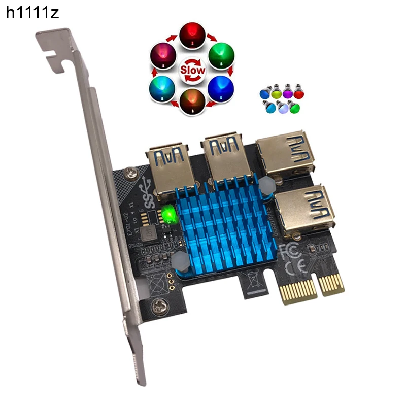 

Плата расширения PCIE 1-4, светодиодная Золотая USB 3,0, усилитель, концентратор PCI Express X1 на PCI-E 16X, переходник для видеокарты для майнинга биткоинов
