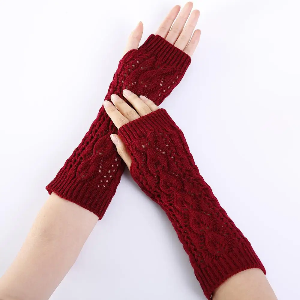 Half Finger Knitted Gloves Female Leaf Hollow Mesh Fashion Mid-Length Fingerless Knitting Gloves Warm Arm Sleeve Unisex G-22