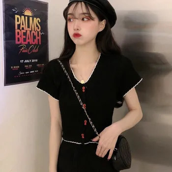 

Summer Girls Sexy V-neck Tshirt Solid Color Short Sleeve Knitted Preppy Style Slim Tee T-Shirt Hot