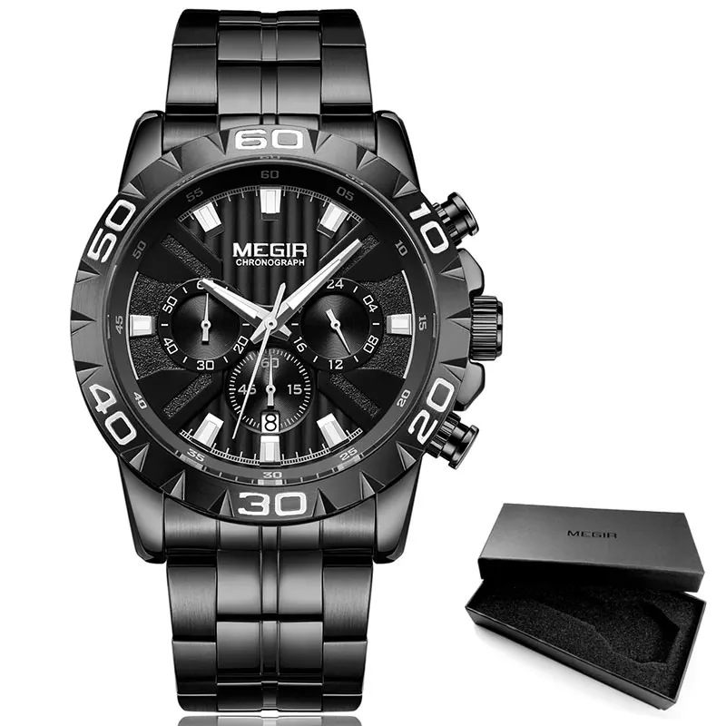 MEGIR мужские деловые кварцевые часы с хронографом из нержавеющей стали водонепроницаемые светящиеся нарядные наручные часы мужские Relogios 2087 белые - Цвет: MS2087G-Black