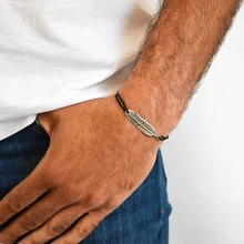 2019 nuevo brazalete con dije de pluma Vintage de moda para hombre, pulsera ajustable de acero inoxidable y cuerda negra para hombre, regalo de joyería(China)