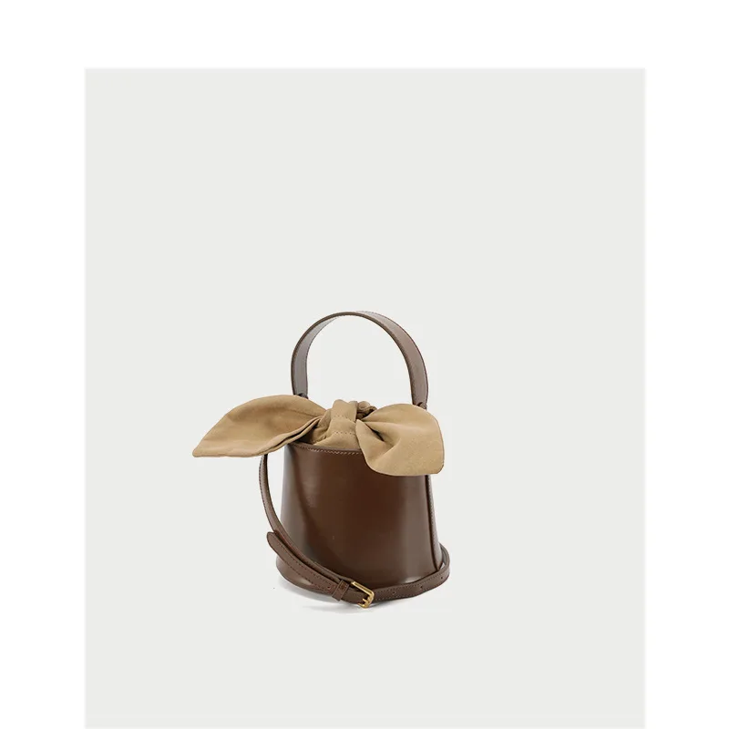 

Small Brand Design Genuine Leather Women's Shoulder Bucket Bag Women's 2020 New Bow Single Flap Messenger Handbags with Bow