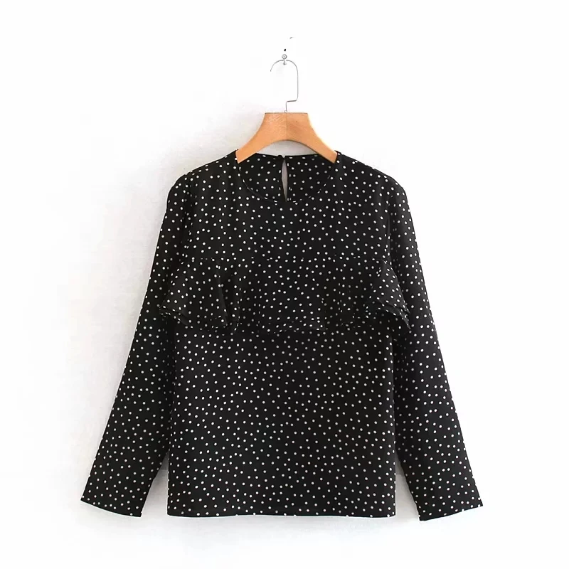 as pic Dot Printing Cascading Ruffle Women Shirt O Neck Smock Autumn Leisure Lady Long Sleeve Blouse Loose Tops S6563 - Цвет: as pic