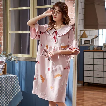 

Lakysilk Pink Night Dress Summer Cotton Print Sleepwear Loose Plus Size Cute Nightgown Cartoon Print Short Sleeve Night Dress