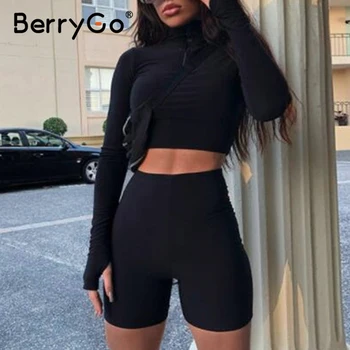 

BerryGo Sexy silm zipper lapel women short set Casual long sleeve solid Sports style suit Spring autumn fashion sportswear 2020