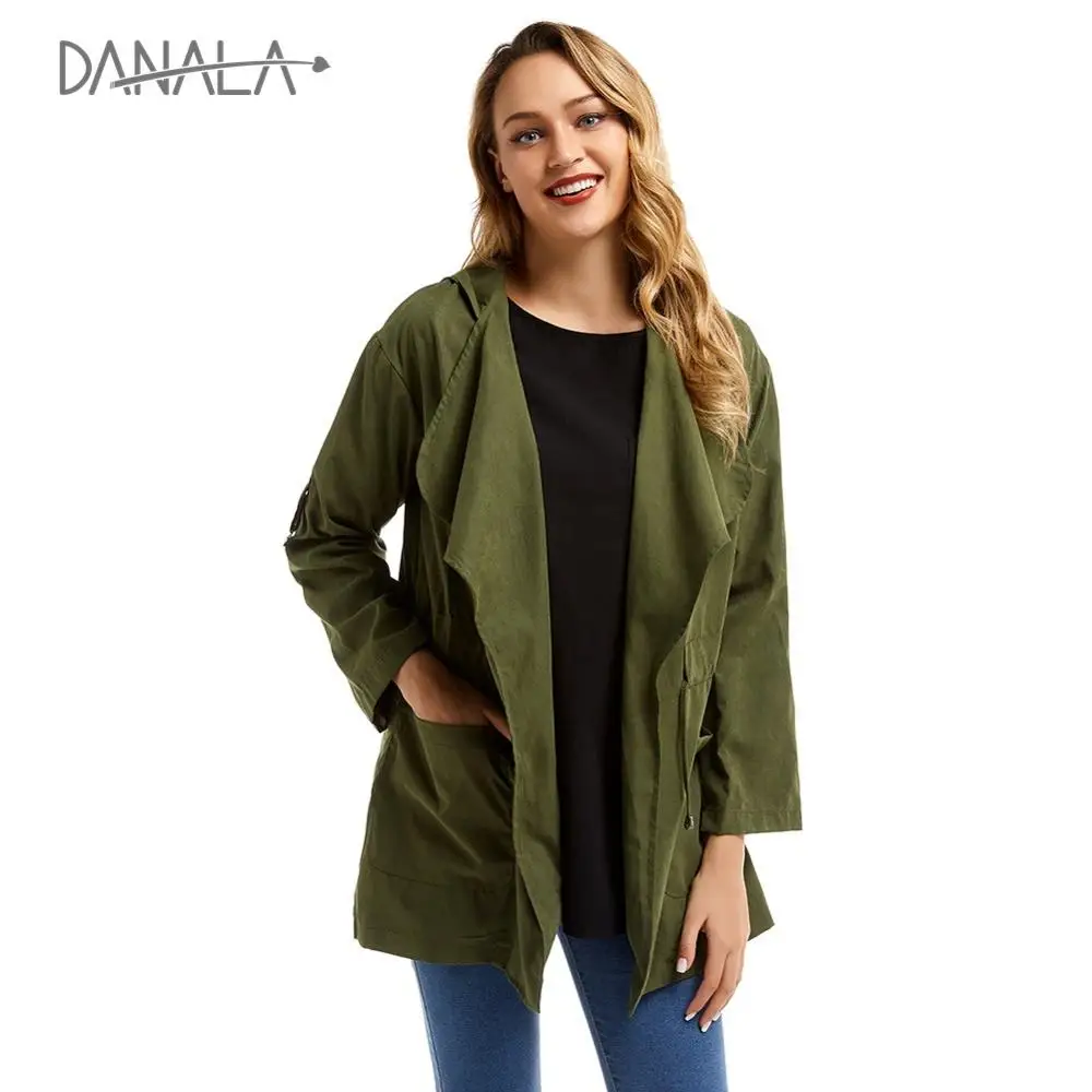 DANALA, модная куртка с капюшоном для женщин, новое пальто с большим карманом и отворотом, Утягивающее талию, армейское зеленое шикарное Женское пальто