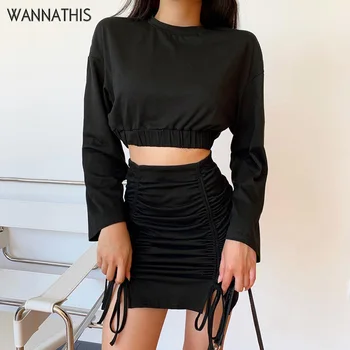 

WannaThis Black Women Two Pieces Set Long Sleeve Hem Ruched Crop Tops and Side Drawstring Mini Skirt Sexy Casual Autumu Sets