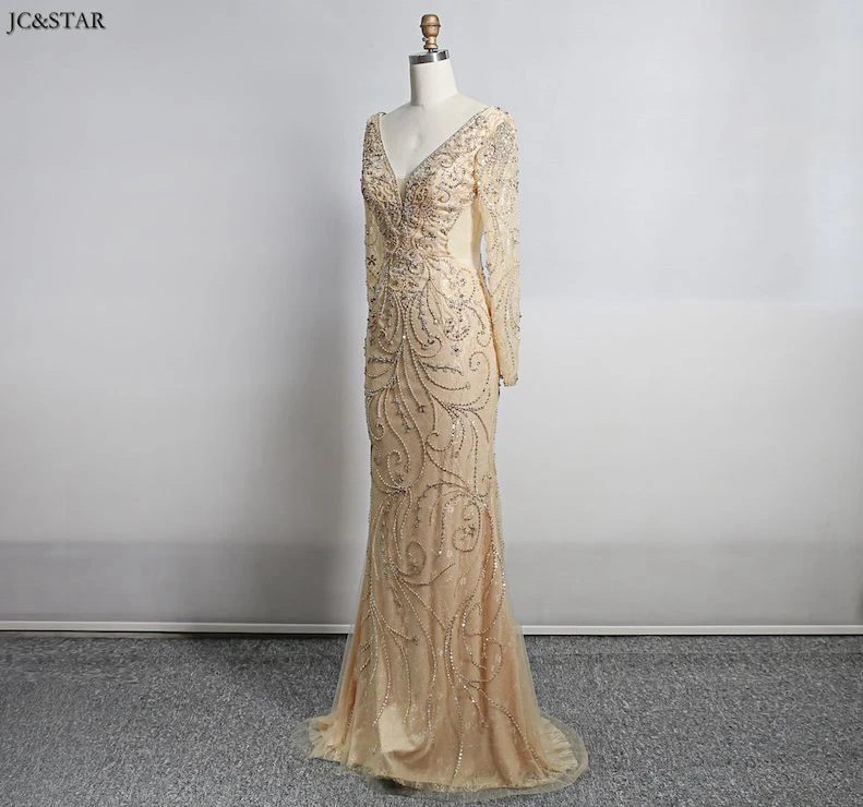 Longue robes de soir, новинка, кружевное, с длинным рукавом, цвета шампань, сексуальное, Русалка, вечернее платье, настоящая фотография, выпускное платье, роскошное, vestido para