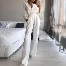 

50%HOTOffice Lady Jumpsuit Lapel Straight Leg Women Solid Color Long Sleeve Waist Tied Jumpsuit for Daily Wear