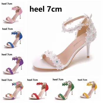 

Crystal Queen Women Sandals Summer Shoes 5cm 7cm 9cm High Heels Lace Peep Toes Buckle Strap Woman Party Shoes White Pumps