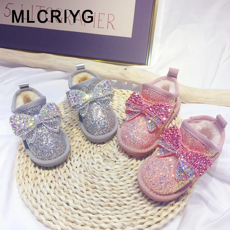 

Winter Kids Bow Snow Boots Children Pink Warm Shoes Baby Girls Rhinestone Ankle Boots Toddler Glitter Brand Boots Princess Boots