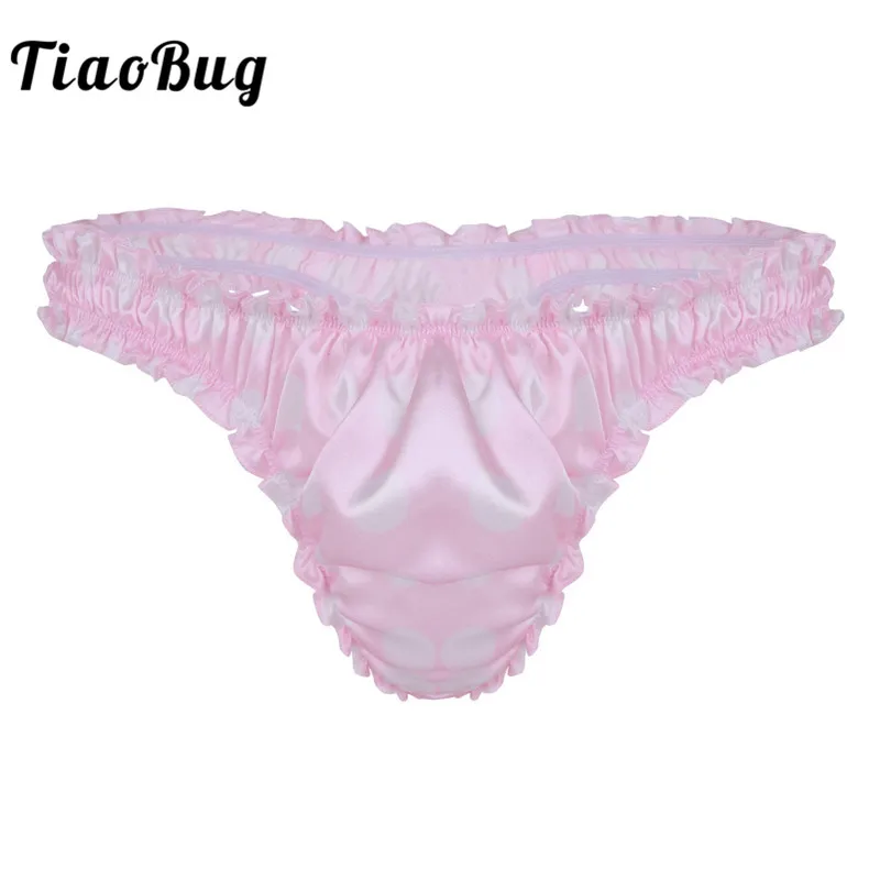 

TiaoBug Men Bikini Briefs Thong Underwear Lingerie Soft Satin Polka Dot Ruffled Low Rise Sissy Panties Gay Swimwear Underpants