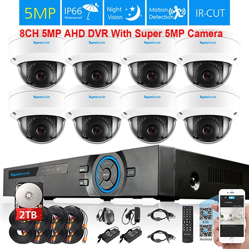 Toprohoime H.265+ 8ch CCTV AHD DVR Системы HD 5MP 1/3 ''sony IP66 Антивандальная в/на открытом воздухе безопасности Камера комплект видеонаблюдения 2T - Цвет: 8 Dome Camera