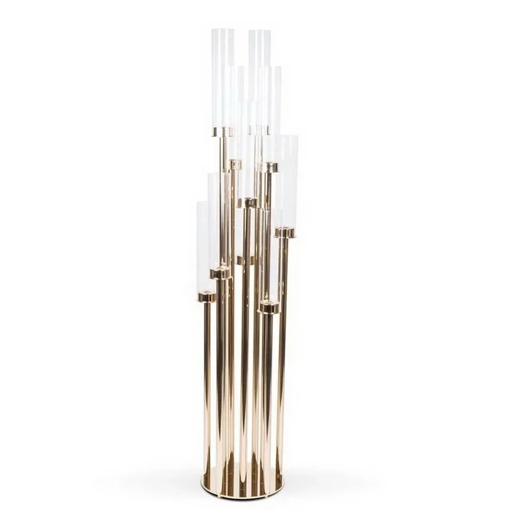 

Eight Head Gold 39'' Tall Metal Candle Holder with Glass Cover For Wedding Event Decoration Beautiful Decoration
