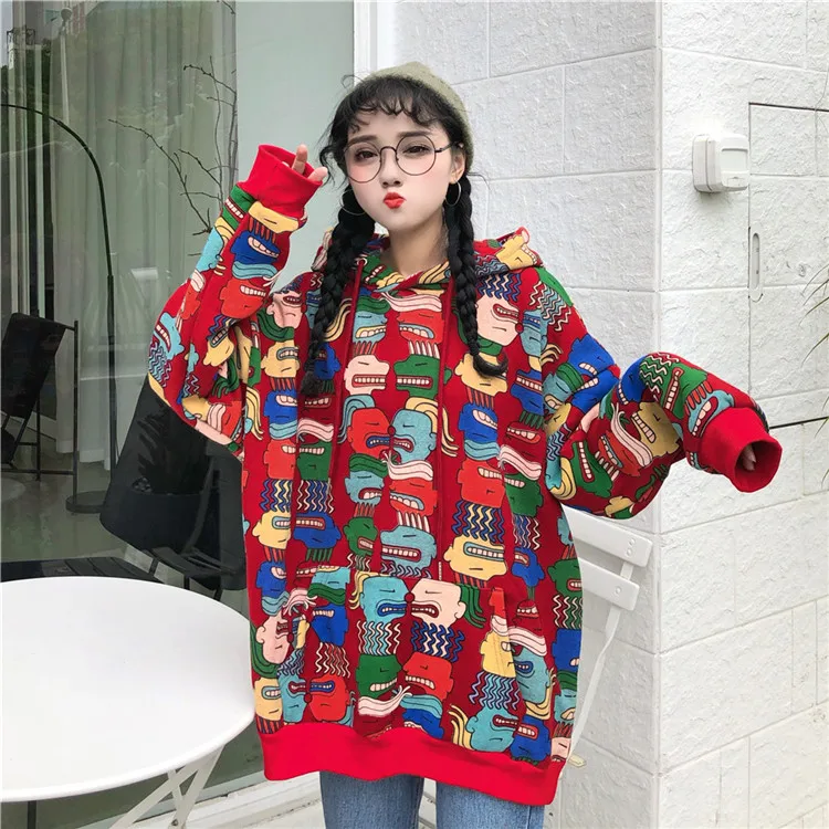 Neploe, осенние женские толстовки Harajuku, мультяшный принт, свободный карман, толстовка с капюшоном, негабаритный Женский пуловер, джемперы 55380