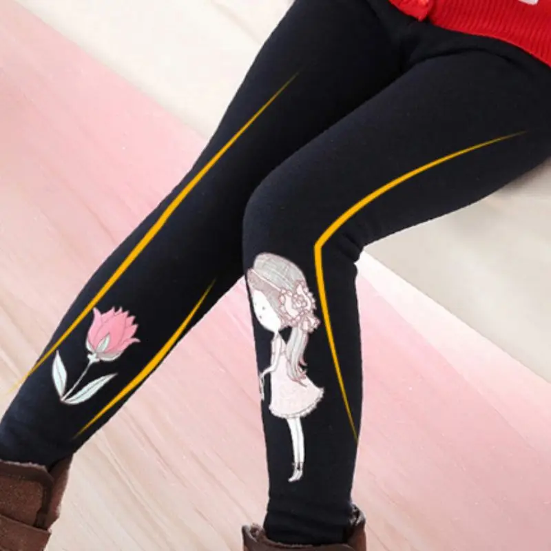 Children Girls Casual Plus Velvet Thick Warm Skinny Pants Cartoon Print Stretchy Elastic Pants Warm Leggings