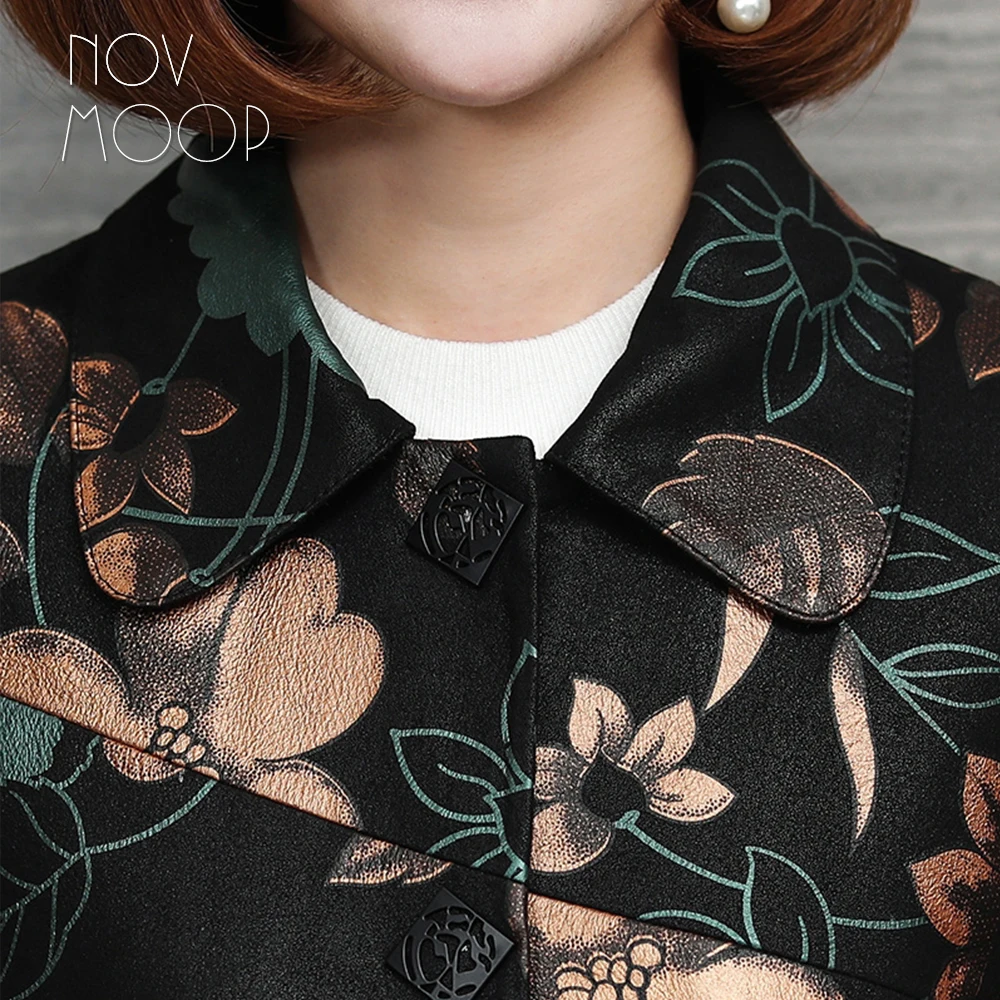 Женская куртка с цветочным принтом Novmoop длинная из натуральной овечьей кожи