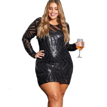 

Plus size women's clothing Europe and the United States plus size women's sexy see-through sequin dress
