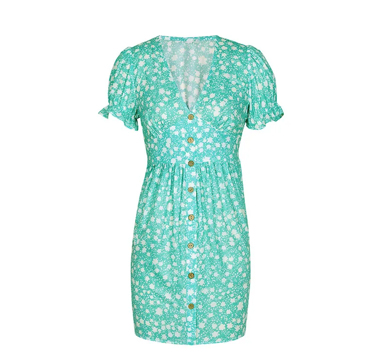 Women Short Sleeve Floral Mini Dress Casual Green Print Puff Sleeve Dresses Summer 2021 Ladies Sexy V Neck Button Beach Dress