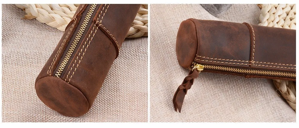 Genuine Leather Zipper Pen School Vintage Product Creative Pencil Stationary Model Trinodal Retro Handmade Bag Style