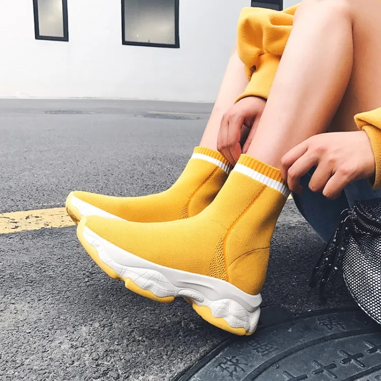 

MLJUESE 2020 women ankle boots knitting square toe yellow color slip on winter short plush women boots party dress