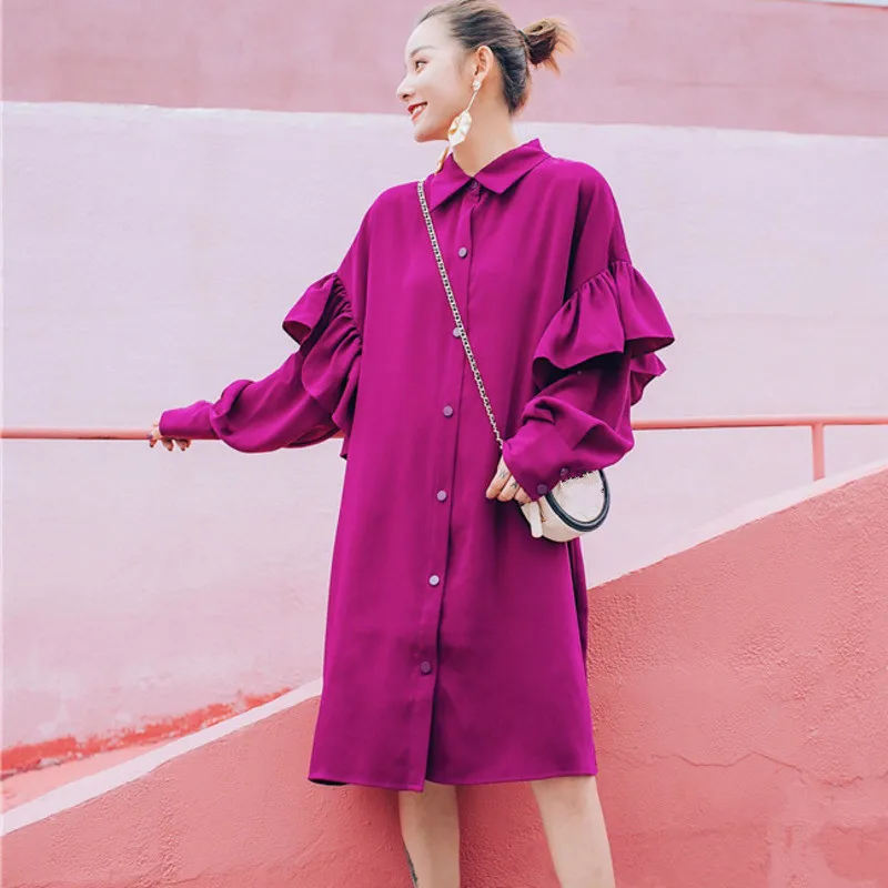 

TVVOVVIN Rose Red Lapel Long Sleeve Ruffled Waistband Single-breasted Loose Plus Woman Dress Casual Fashion 2019 Autumn New F042