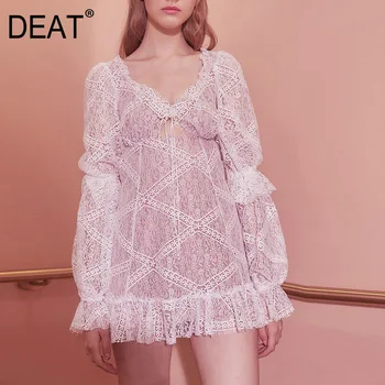 

[DEAT] 2020 Spring Summer New Arrivals V-neck Solid Pattern Straight Lantern Sleeve Women Fashion Casual Backless Dress AW11700S