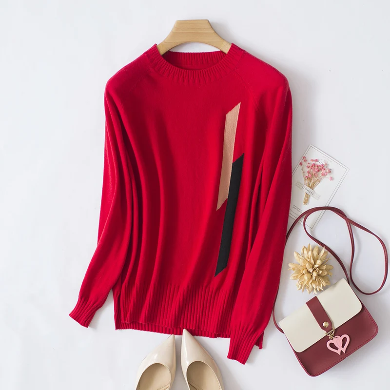 

Winter Pullover Woman Red Side Split Wool Knitted Sweater Autumn Loose Print Round Neck Christmas Sweater Jumper Ladies Clothes
