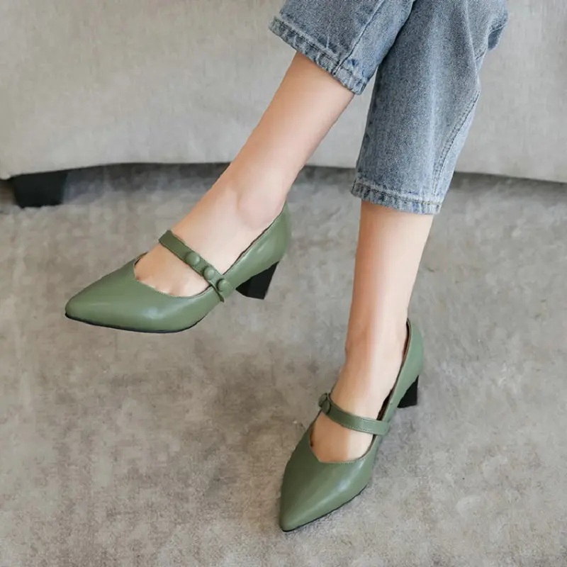 ZawsThia-zapatos de tacón medio para mujer, calzado de punta estrecha, color verde oliva, con hebilla y Correa, para mary janes, - AliExpress