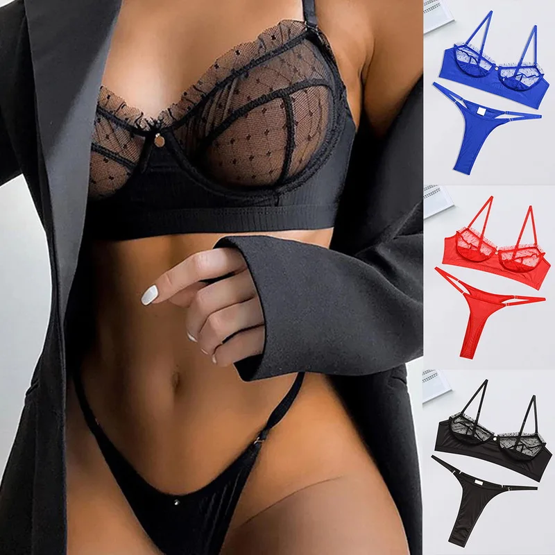 Women Sexy Nightwear See-Through Lingerie Floral Mesh V-Neck Sling Bra Elastic Briefs Sissy Black Underwear sets | Тематическая