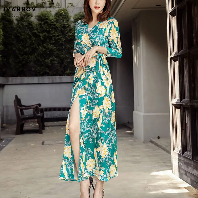 

Korea Women Bohemian Beach Wrap Dress Three-quarter Sleeve Lace-up Adjustable Waist Elegant Vintage Dress Split Holiday Dress