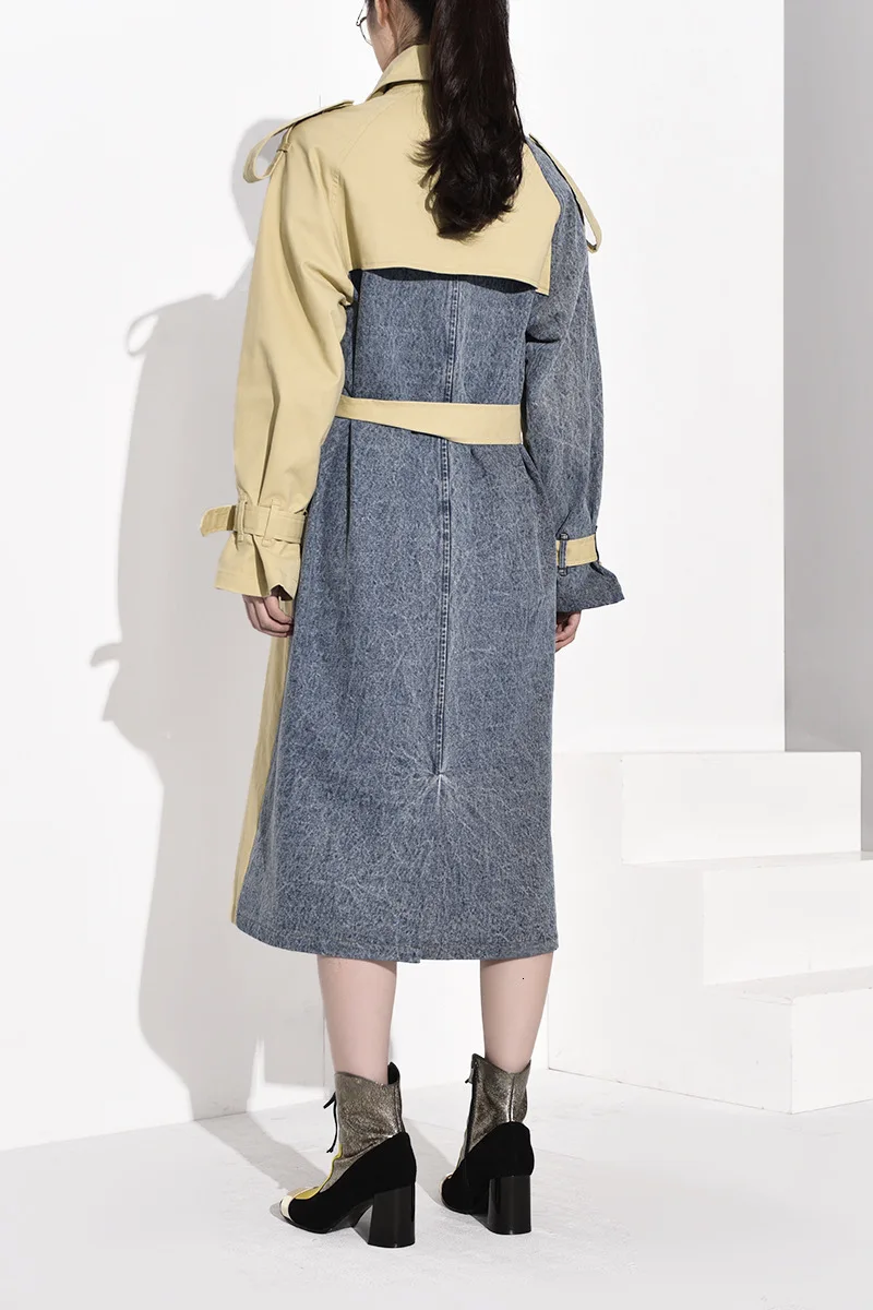 Denim Stitch Trench Coat British Style Double Breasted Casual Classic Work Business Windbreaker Oversized Korean Long Trench