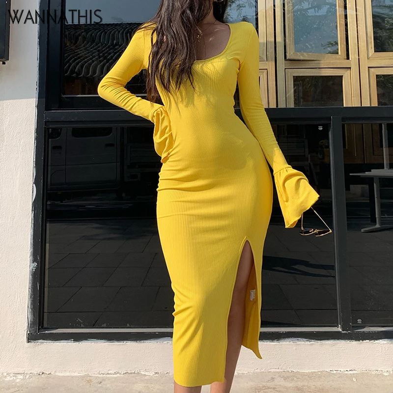 WannaThis Sexy Split Midi Dresses Ribbed Knitted Flare Long Sleeve Skinny Elastic O-neck Elegant Slim Party Long Dress Slit Hem