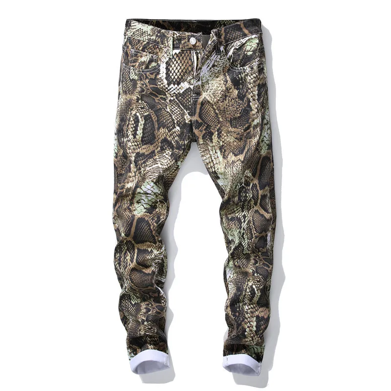 Fashion Autumn Slim Fit Snake Skin Printed Straight club stylist Dance Performance Pencil Pants Men Casual Bottoms size 29-38 | Мужская